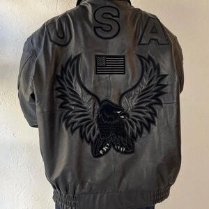 USA America Vintage embroidered leather bomber biker coat, Y2K, Size XL